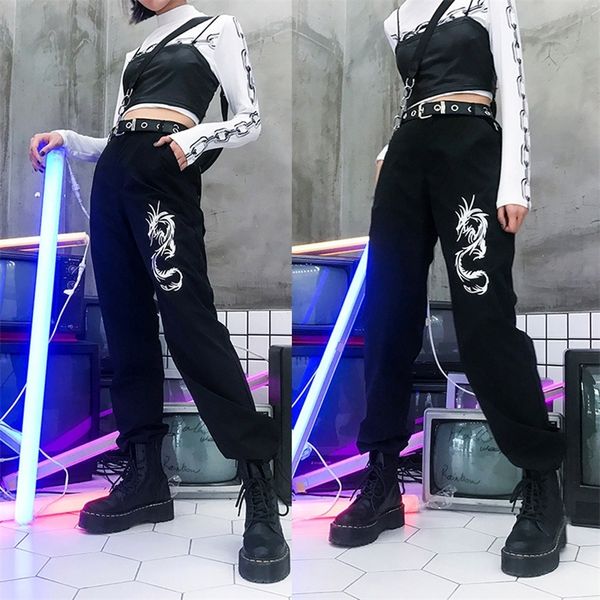 

chinese style dragon embroidery cargo pants women black high waist pocket trousers streetwear womens joggers sweatpants y200418, Black;white