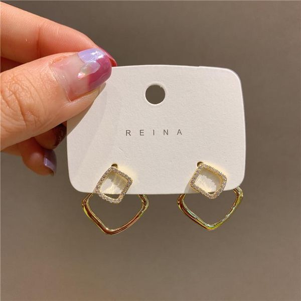 

stud korean design fashion jewelry copper inlay zircon simple double square wear female earrings before and after, Golden;silver