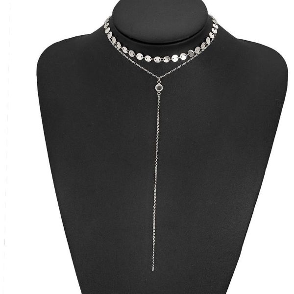 

gold color silver plated sequins chokers crystal charm pendant long tassel double layers necklaces for women jewelry accessories