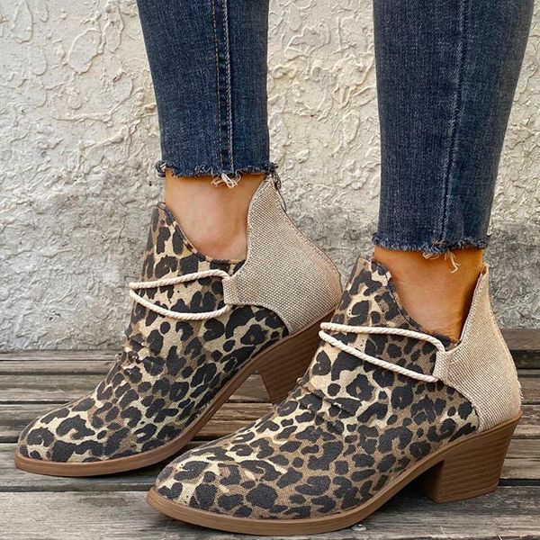 

new fashion 2020 women's ankle boots leopard retro women canvas suqare heels zipper =short booties round toe shoes #3, Black
