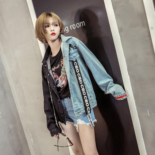

fashion loose women jean jacket patchwork cotton harajuku short jackets and coats letter women clothes 2020, Black;brown