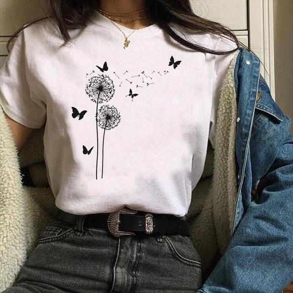 

women print clothing graphic dandelion plant butterfly 90s trend ladies clothes lady tees female t shirt womens t shirt, White