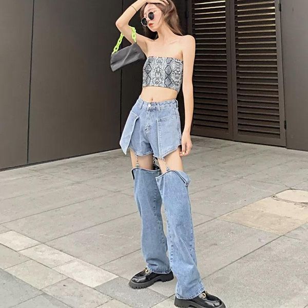 

detachable jean shorts, straight leg, loose, high-waisted, slim summer trousers, hollowed-out, short, wide-legged pants, Blue