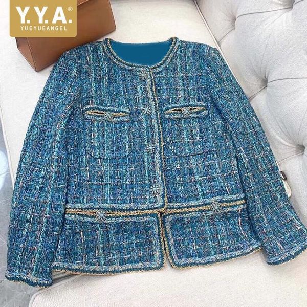 

women tweed jacket autumn new blue round neck long sleeve diamond button short coat fashion vintage female jacket s-xl1, Black;brown