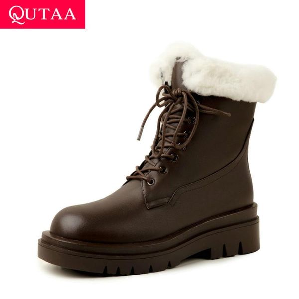 

boots qutaa 2021 ankle wool blend keep warm women shoes pu square high heel zipper lace up winter ladies short size 34-43, Black