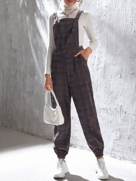 

plaid print corduroy pinafore jumpsuit 67kg#, White