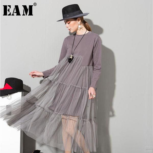

[eam] 2020 spring fashion new o-neck long sleeve lace split joint hem gray dress woman fashion tide all-match as3362 y200805, Black;pink