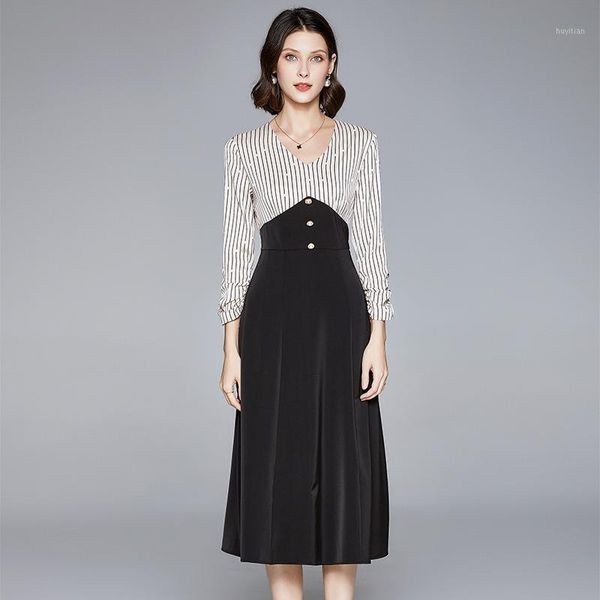 

women floral dresses 2020 summer black white striped v neck full long casual office work beach boho plus size dress elegant1, Black;gray