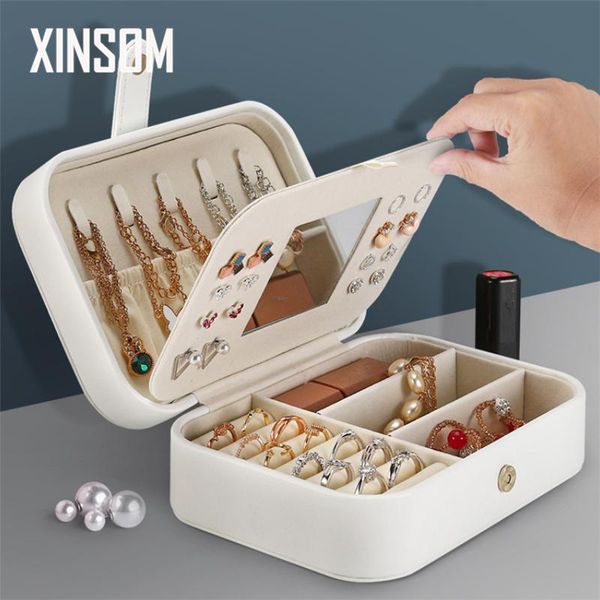 

xinsom women double layers jewelry box with mirror high capacity necklace earrings rings bracelets jewelry storage box casket, Pink;blue