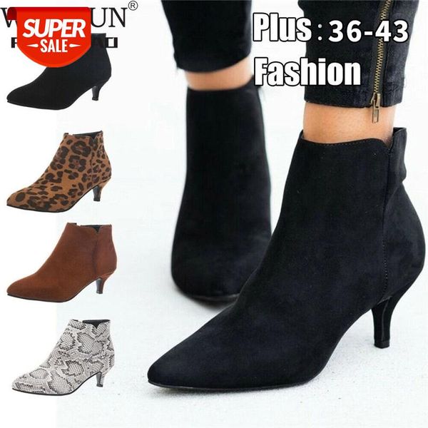 

wdhkun women suede ankle boot mid stiletto heel side zip pointed toe party work outdoor shoe fine heel leopard print fashion #tg8f, Black