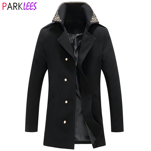 

mens golden embroidery long wool trench coat double breasted men cashmere coat brand wide lapel wool &blends peacoat windbreaker, Black