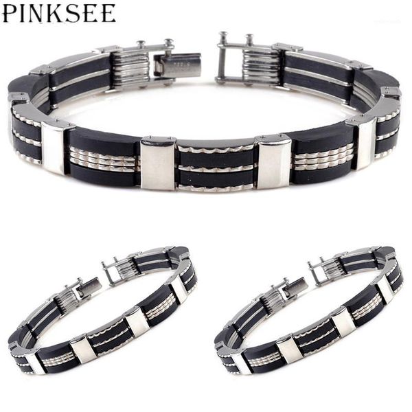 

bangle pinksee men black stainless steel silica gel hand chain cross motorcycle biker male personality jewelry accessories1