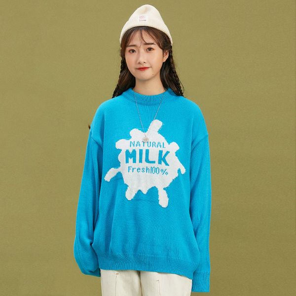 

2021 autumn cotton women harajuku milk embroidered blue loose round neck vintage cartoon sweater female zjko, White;black