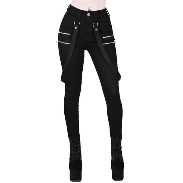 

high waist pants women black skinny trousers belt streetwear woman long pants vintage pencil pants punk gothic trousers joggers 201109, Black;white