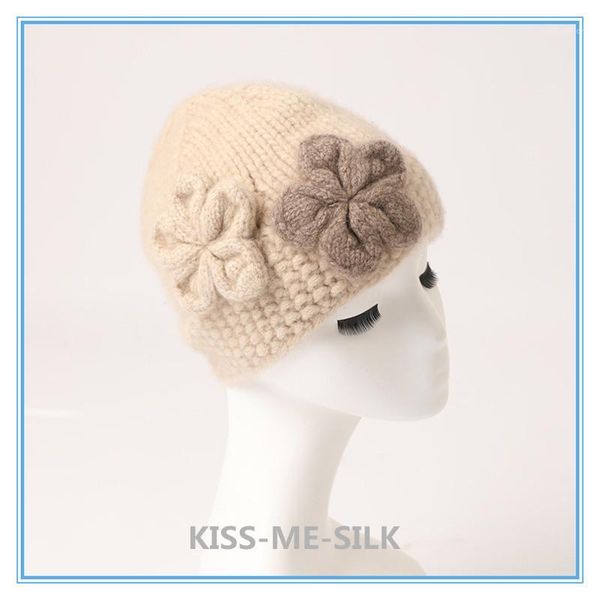 

kms autumn winter new ladies warm two-flower knitted cashmere chain link hat for girl lady woman 23*24cm/80g1, Blue;gray