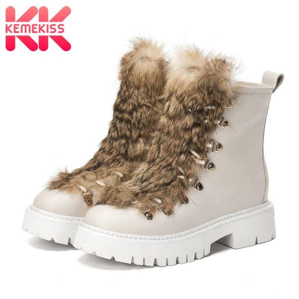 

kemekiss real leather women ankle boots plush fur round toe lace up shoes winter warm boots women fashion footwear size 34-39, Black