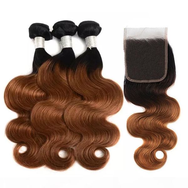 

#1b 30 ombre body wave malaysian human hair lace closure 4x4 with weaves medium auburn ombre wavy virgin hair 3bundles and closure, Black