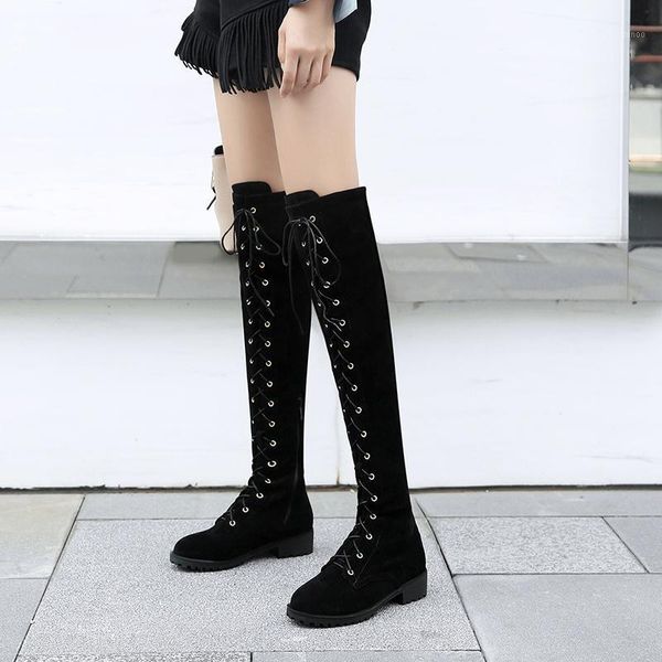 

over the knee boots suede lace-up low heels women winter shoes high boots women thigh high flat fashion black gray1