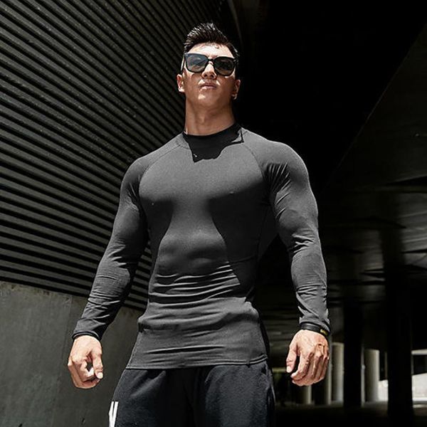 

running jerseys t shirt men compression tee long sleeve hight collar sportswear quick dry elasticity tight bodybuilding gym clothing, Black;blue