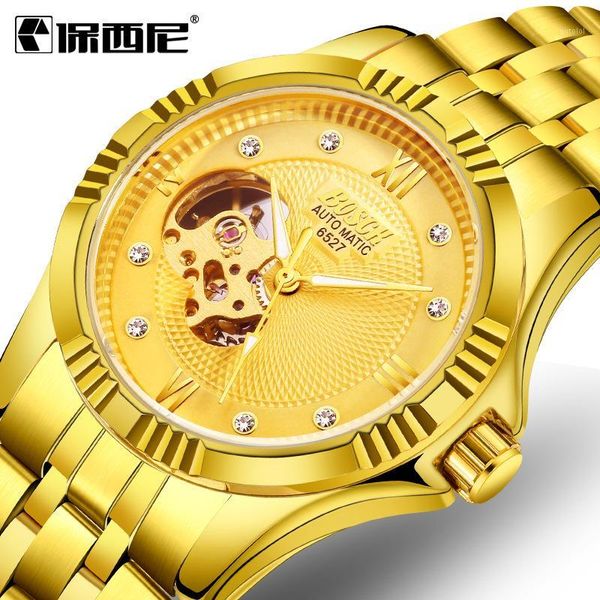 

men gold watches automatic mechanical watch male luminous wristwatch stainless steel strap brand business design watches1, Slivery;brown