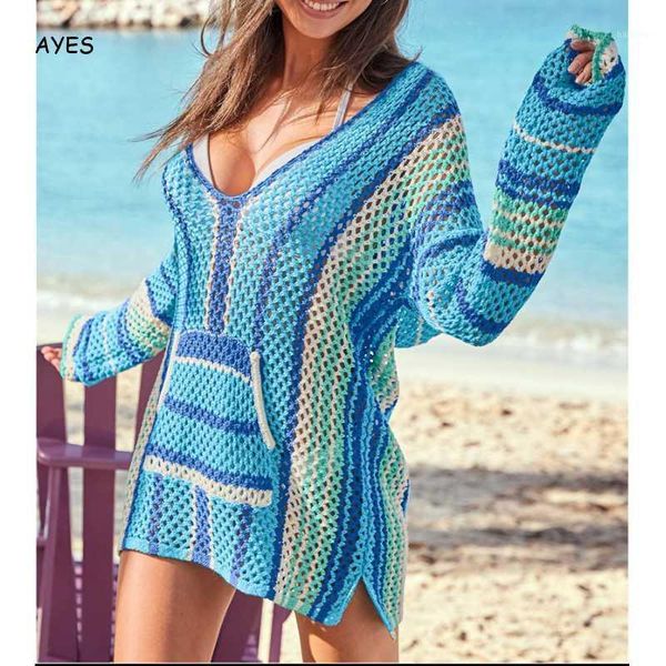 

women's swimwear loose striped v neck cover dress bikinis ups women long sleeve blouse beach wear up bathing suit covers 20211, White;black