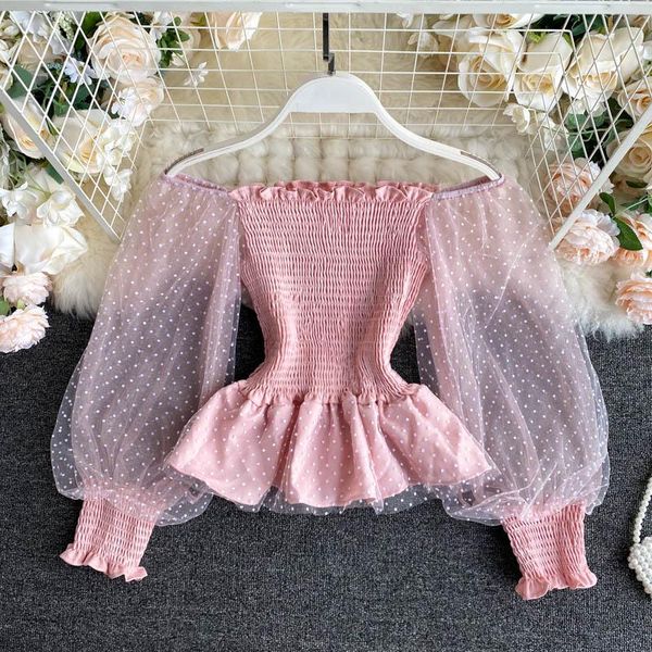 

2021 autumn new women's slim-fit wooden ear polka dot mesh stitching pleated elastic waist fashion blouse h936, White