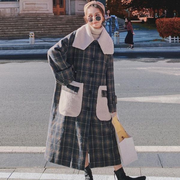 

women's wool & blends [ewq] 2021 winter coat women plus size jacket overcoats woolen loose big pocket lambs stitching plaid 16q1008, Black