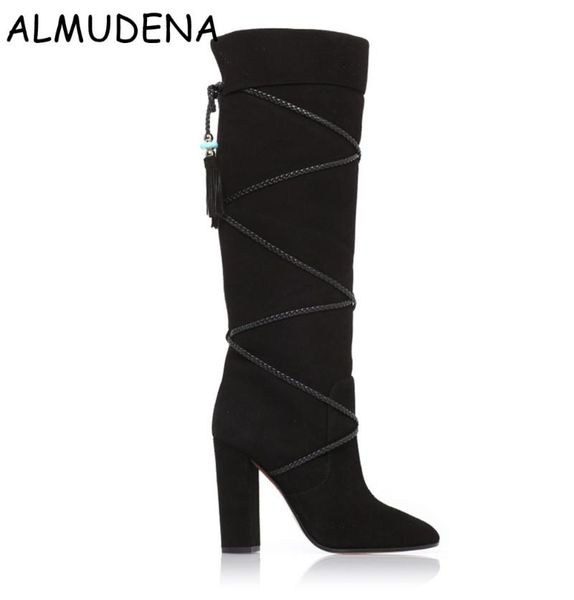 

black browm solid nubuck convolve tie fringe chunky square heel long boots fashion casual national style shoes