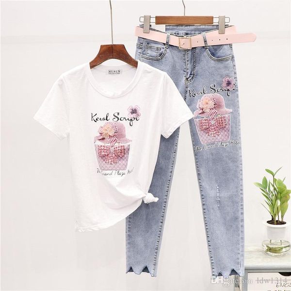 

2020 новая мода женские два кусок наборов контактного шарика письмо футболка + два кусок костюма роскоши разорвал девять точечных джинсы жен, White