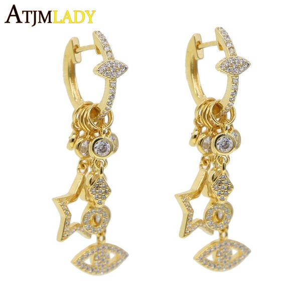 

hoop & huggie turkish evil eye cz charm earring 2021 design delicate floating star stacking fashion trendy women jewelry, Golden;silver