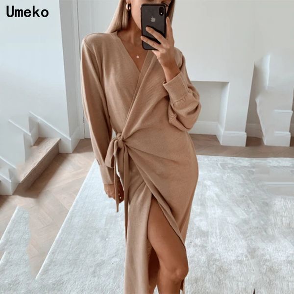 

umeko autumn winter women v-neck knitted dress elegant casual long sleeve midi dress solid loose split side dresses mujer lj201203, White;black