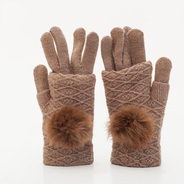 

five fingers gloves warm pompoms fur ball fingerless screen touch cashmere knitted wrist mittens women detachable dual layer winter, Blue;gray