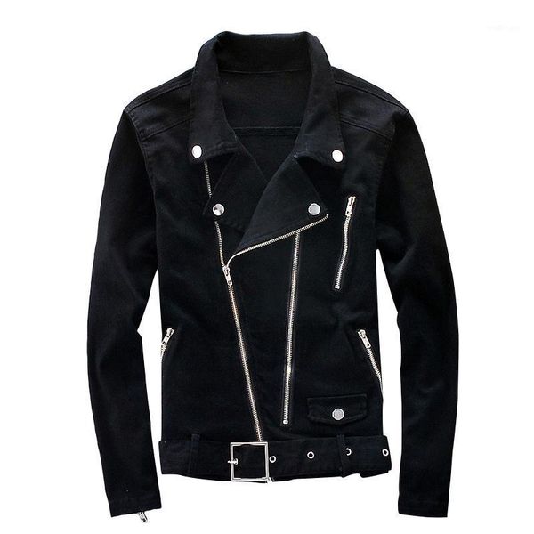 

aboorun biker denim jacket men multi zipper belt jeans jacket punk slim fit streetwear outwear male r24571, Black;brown