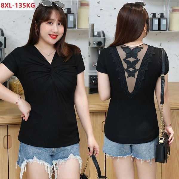 

summer lace tshirt women large size v-neck dress creativity oversize 6xl 8xl 7xl korea style high streetwear tees loose 56 52 541, White