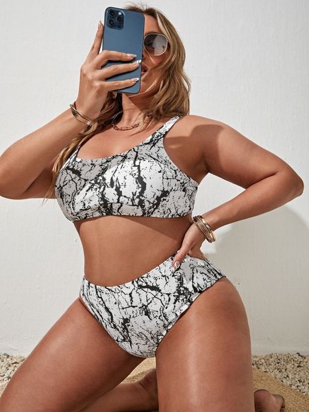 

plus marble print high waisted bikini swimsuit x4lr#, Black