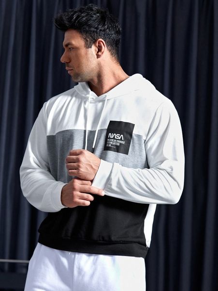 

extended sizes men slogan graphic colorblock drawstring hoodie a3ka#, Black