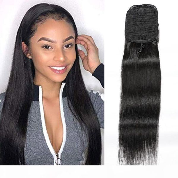 

straight ponytails 100g piece brazilian human hair extensions silky straight pony tail 8-24inch natural color, Black