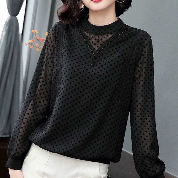 

plus size chiffon blouses women casual shirt new korean style fashion lace polka dot elegant ladies and blouses p471 201201, White