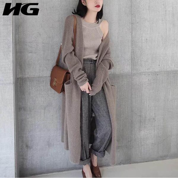 

hg] 2018 korea new autumn casual women cardigans solid color long sweater female loose full sleeve v-neck knitted gwy25961, White;black
