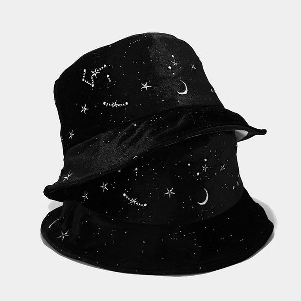 

autumn winter new flannel fisherman cap women embroidery star moon retro black basin hat velvet outdoor sun bucket hat, Blue;gray