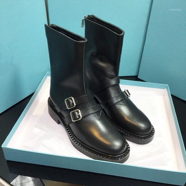 

genuine leather round toe woman ankle boots buckle autumn winter platform boots luxury designer 2021 new ladies shoes1, Black