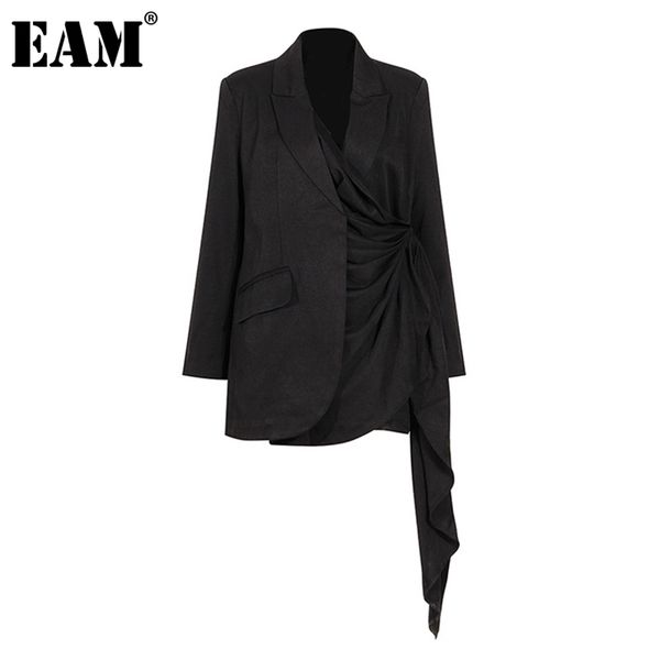 

[eam] women black pleated irregular blazer new lapel long sleeve loose fit jacket fashion tide spring autumn 2020 lj201214, White;black
