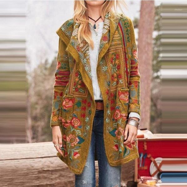 

autumn winter coat women long sleeve flower print folk-custom pocket jacket casual long vintage plus size outwear coat 5xl1, Black;brown