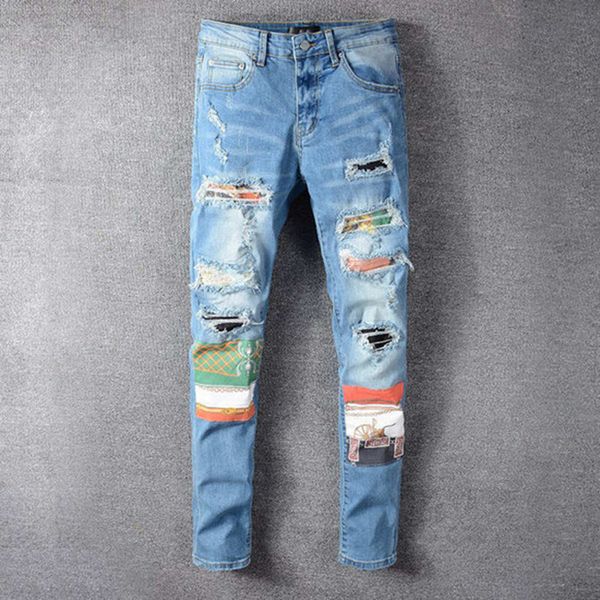 

fashion slim skinny jeans mens distressed ripped jeans straight motorcycle biker jeans causal denim pants streetwear style men hip hop pants, Blue