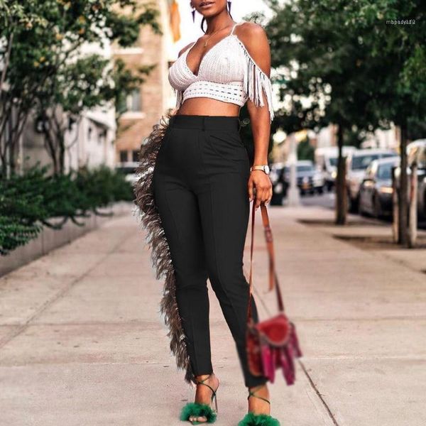

side fringe pants women skinny trousers high waist stretch bodycon tassel pants11, Black;white