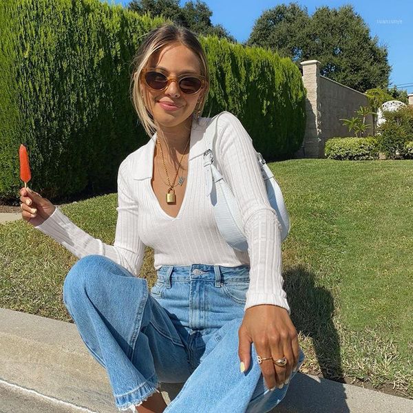 

2020 ribbed knitted long sleeve cropped tshirt women v neck casual elegant white t-shirt ladies turn-down collar tee shirt femme1