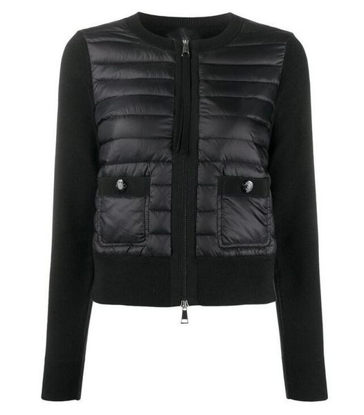 

french brand autumn/winter women's thin down jacket spliced round collar zipper women's short light slim white goose down wool kni, Black