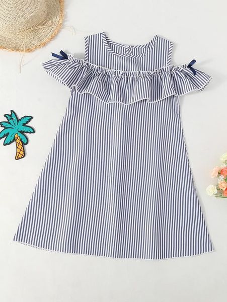 

girls striped print ruffle trim cold shoulder dress she, Red;yellow