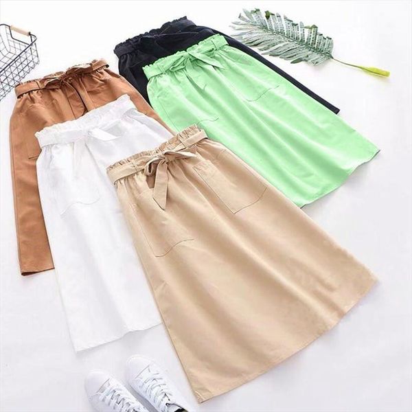 

2019 womens elastic high waist a line long skirt leisure female lace up double pocket skirts faldas mujer jupe femme, Black