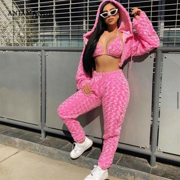 

anjamanor fuzzy pink 3 peice set women clothes 2020 streetwear rave festival club wear trendy outfits matching sets d58bz42 t200702, White